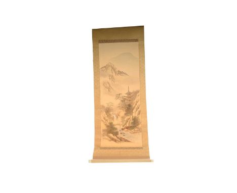 TWO JAPANESE SCROLLS, 20TH CENTURY each depicting a landscape, both signed and with baton endsthe larger 81cm high 