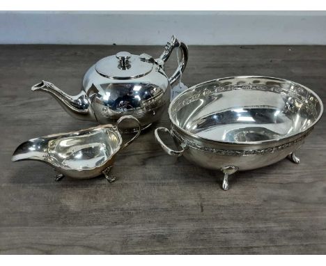 COLLECTION OF SILVER PLATED ITEMS, including a Walker &amp; Hall three piece plated tea service, toast rack and dishes 
