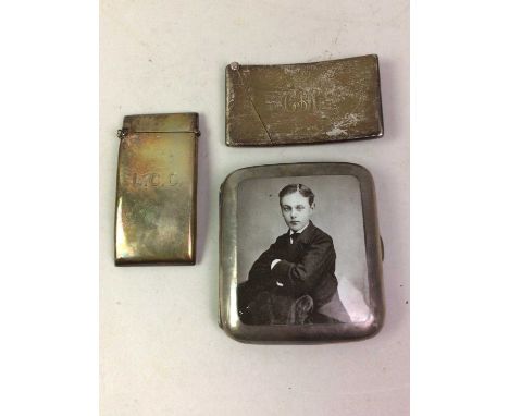TWO SILVER CARD CASES, ALONG WITH FURTHER SILVER comprising two cigarette cases, one with enamelled photographic portrait to 