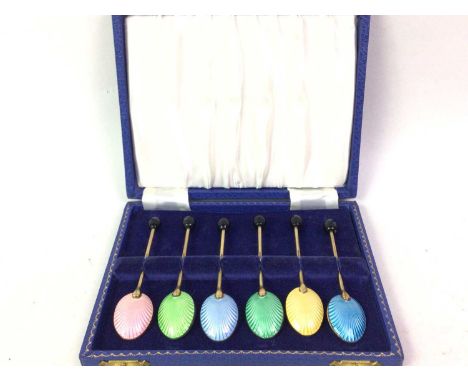 SET OF SIX ART DECO STYLE GILT METAL GUILLOCHE ENAMEL COFFEE BEAN SPOONS, EARLY 20TH CENTURY most likely silver though unmark