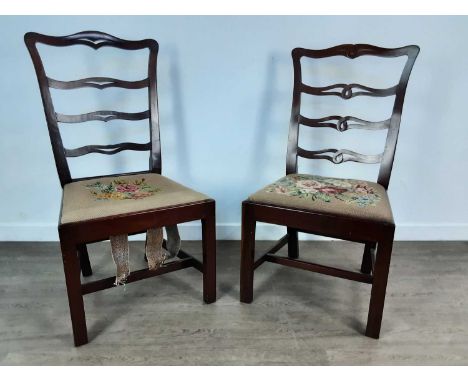 MAHOGANY CHEVAL MIRROR, AND TWO MAHOGANY LADDER BACK SINGLE CHAIRS the chairs with floral upholstered seats mirror 136cm high