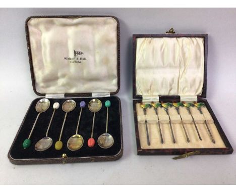 SET OF SIX SILVER AND ENAMEL COCKTAIL STICKS, ALONG WITH FURTHER SILVER the cocktail sticks stamped Sterling, with cockerel f