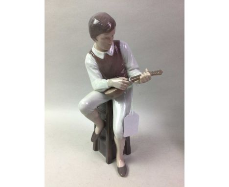 COPENHAGEN FIGURE OF A MAN ON A STOOL PLAYING A MANDOLIN, AND ANOTHER FIGURE reg 1609, along with a further Copenhagen figure