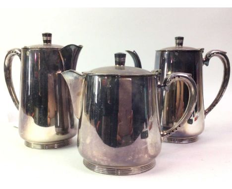 COLLECTION OF SILVER PLATE, including a three piece hotel ware tea service, a scalloped edge serving tray, two handled basket