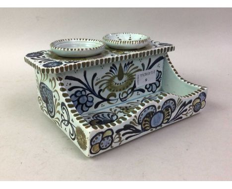 CERAMIC DESK SET, possibly Faïence, decorated with flowers and foliage19cm wide