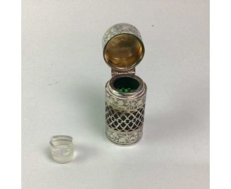 EDWARDIAN SILVER PERFUME FLASK, MAKER C.E.W, BIRMINGHAM 1910 with green glass interior and stopper, along with a silver baby 