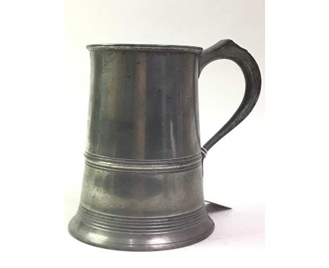 COLLECTION OF VICTORIAN AND LATER PEWTER, including tankards, mugs, measures, corkscrew and circular plate