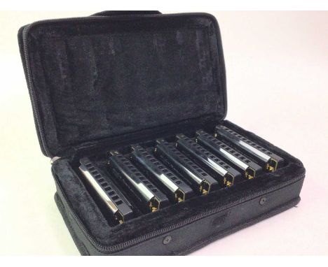 SET OF SEVEN STAGG "HOWLIN' HARP BLUES" HARMONICAS, AND OTHER ITEMS  finished in chrome and cased, along with a collection of