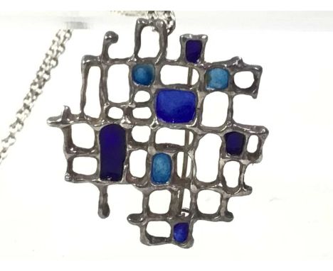 KARL JORGEN OTTEREN, FOR DAVID ANDERSEN, SILVER AND ENAMEL BROOCH / PENDANT, MID 20TH CENTURY Norwegian modernist blue enamel