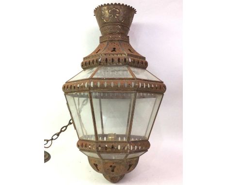GLASS AND GILT METAL CEILING LIGHT, 20TH CENTURY  hung on chain with hinged panel door