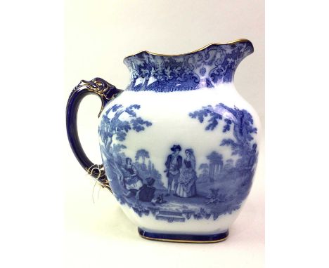 DOULTON BLUE AND WHITE WASH BASIN AND JUG, decorated with figures in an outside setting, along with a Furnivals basinjug 26cm