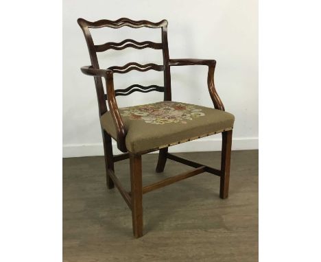 MAHOGANY LADDER BACK ELBOW CHAIR, AND A HEPPLEWHITE STYLE ELBOW CHAIR with woolwork seatsQty: 2