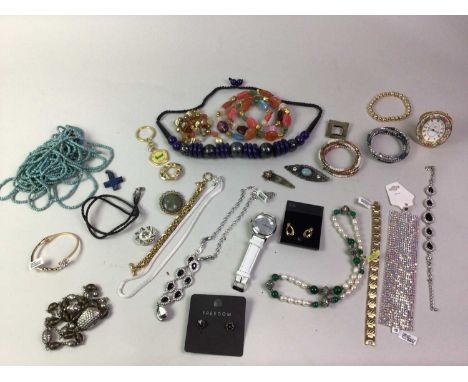 COLLECTION OF COSTUME JEWELLERY, including a Halcyon days enamel clock, beads, chains, earrings and further