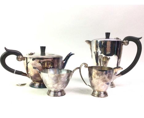 ART DECO STYLE FOUR PIECE PLATED TEA SERVICE, AND OTHER PLATED ITEMS  comprising teapot, water pot, sugar and cream, along wi