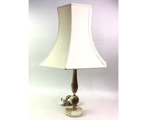 BRASS AND ALABASTER TABLE LAMP, ALONG WITH OTHER ITEMS  including a brass table lamp, Chinese style lamp, modern mantel clock