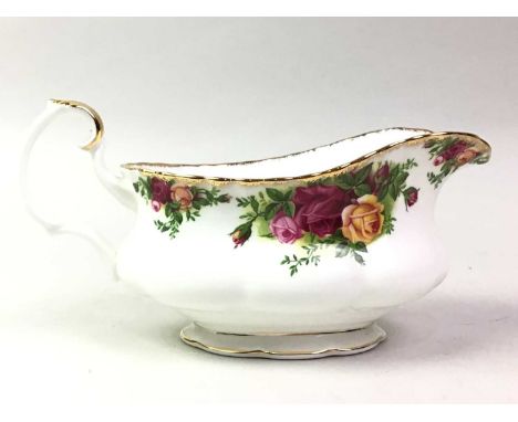 GROUP OF ROYAL ALBERT OLD COUNTRY ROSES ITEMS, including a gravy boat and dish, picture frames and a mantel clockclock 16cm h