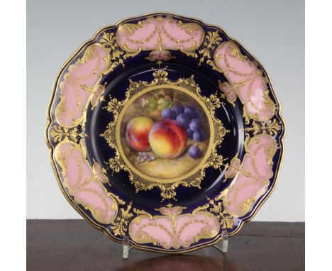 A Royal Worcester fruit painted cabinet plate, by Richard Sebright, date code for 1937, the centre painted with peaches and g