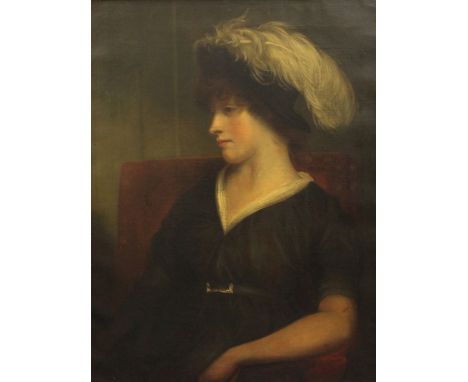Early 19th century English Schooloil on canvas,Portrait of a lady wearing a black dress and a feathered hat,30 x 25in.