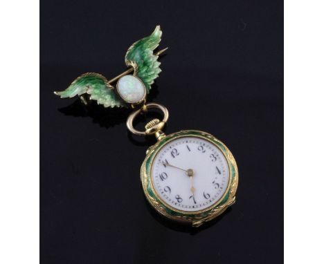 A lady's early 20th century Swiss 18ct gold, green guilloche enamel and diamond set fob watch, with Arabic dial, suspended fr