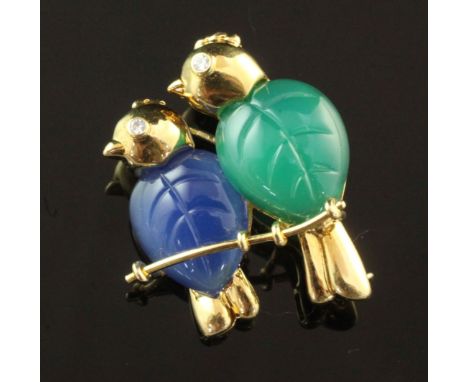A 1990's Cartier 18ct gold, diamond and two colour chalcedony brooch, modelled as two birds perched on a branch, signed and n