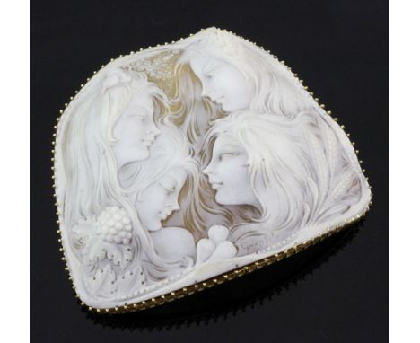 A late 1970's 18ct gold mounted cameo pendant carved with the Four Seasons, indistinctly signed, with original Selfridges rec