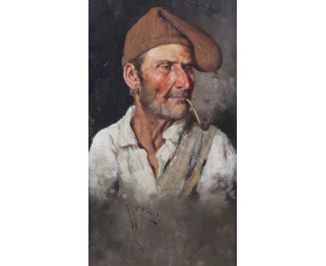 Giuseppe Giardiello (1887-1920)pair of oils on board,Portrait of an Italian man smoking a pipe, and his wife,signed,11 x 6.5i