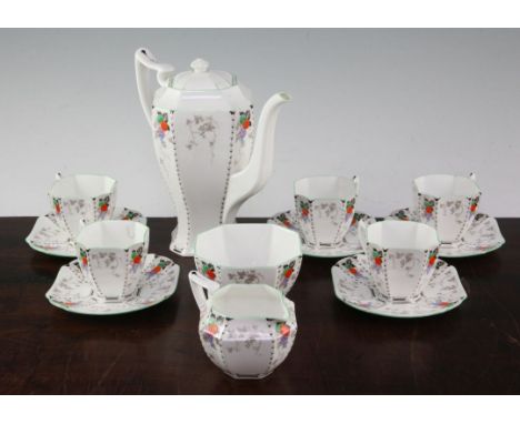 A Shelley fruit design fourteen piece Queen Anne shape coffee set, 1930's, green printed Shelley mark RD no.723404 and iron r