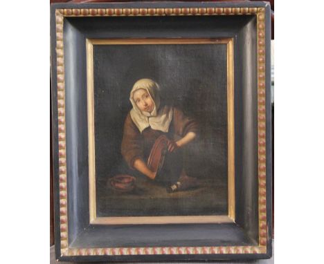 19th century Flemish Schooloil on canvas,Portrait of a girl cleaning a copper pan,10 x 8in.