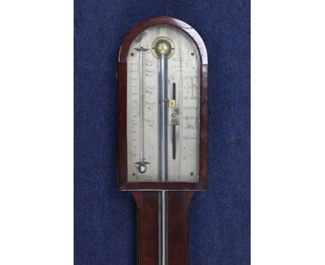 Rubergalli of London. A Regency mahogany stick barometer with silvered scale incorporating a thermometer, 3ft.