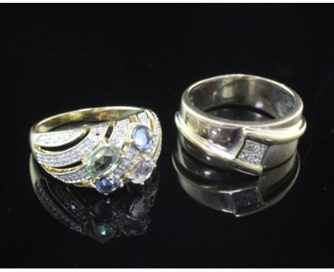 A modern 18ct gold band set with cluster of four princess cut diamonds, together with a 9ct gold diamond and coloured gem set