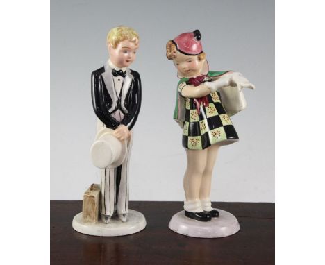 Two Goldscheider pottery figures, 1940/50's, the first of a boy with a case and top hat and tails by Goldscheider for Shorter