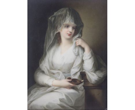 A Berlin style porcelain plaque of 'Dame Als Vestalin', after Kauffman, late 19th century, finely painted with a three quarte