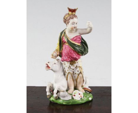 A Derby porcelain group of Britannia, late 18th century, standing beside a figure of a white horse with items at her feet emb