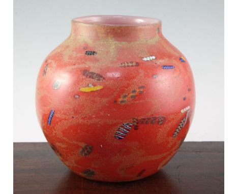 A rare and early Monart red and millefiori glass vase, c.1924, shape A, colour code 4, the mottled red ground with scattered 