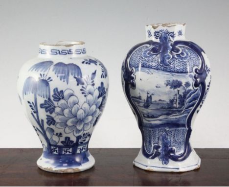 Two Delft blue and white vases, late 18th century, the first of hexagonal baluster shape painted with a ship on a river withi