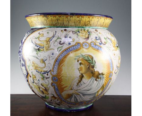 An Italian majolica jardiniere, 20th century, in 17th century Deruta style painted with portrait medallions of an emperor and