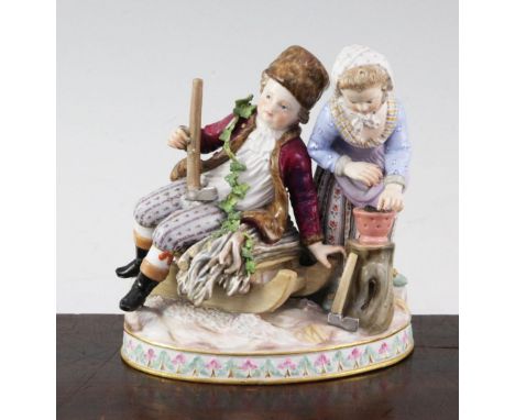A Meissen group emblematic of winter, late 19th century, modelled as a boy seated upon a sled with a girl warming her hands b