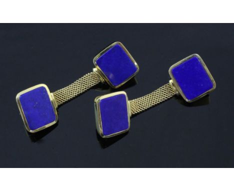 A pair of 1950's 18ct gold and lapis lazuli set cufflinks, with rectangular stones and chain mesh links, stamped EM (Meister?
