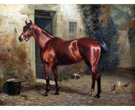 L.H. 1887oil on canvas,Portrait of a chestnut hunter outside a stable,monogrammed and dated '87,14 x 18in.