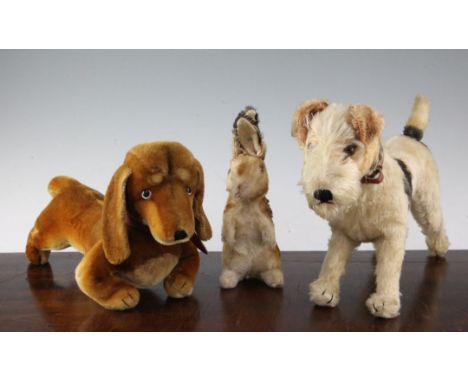 Three Steiff models, including a Daschund, a terrier and a rabbit, terrier 9in.