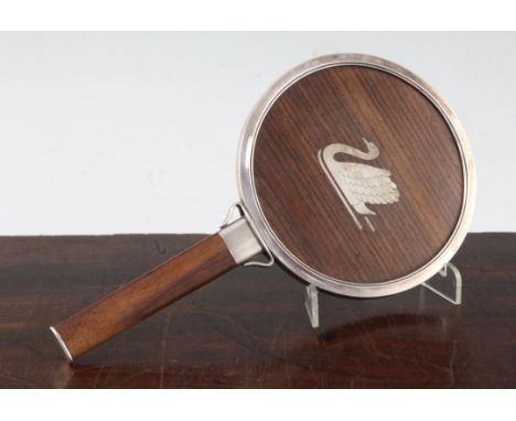 A Georg Jensen rosewood and silver mounted hand mirror, the back inlaid with a swan, marked with Georg Jensen monogram sterli