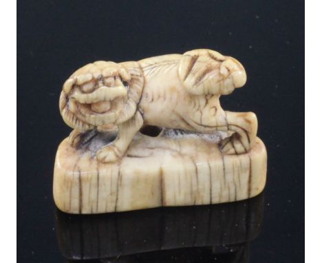 A Japanese ivory netsuke of a shi-shi, Edo period, standing on a crescent shaped plinth, with a loose ball in its mouth, 4.4c