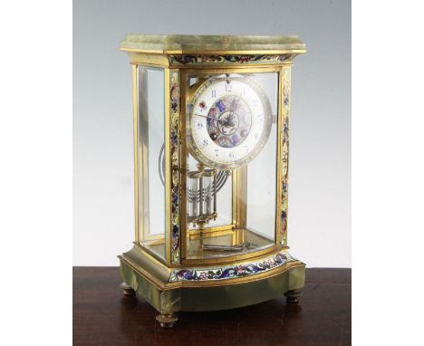 An early 20th century French champlevé enamelled ormolu and green onyx four glass mantel clock, with arabic dial and mercury 