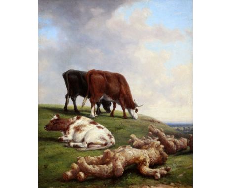 Thomas Baker (1809-1869)oil on board,Cattle grazing beside a fallen tree trunk,signed and dated 1861,12 x 10in.