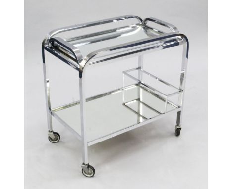 A 1950's chrome two tier trolley, with lift out two handled mirrored serving tray, W.2ft 1.5in
