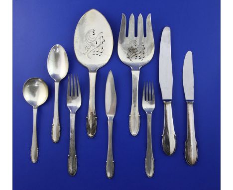 A late 1940's suite of Georg Jensen sterling silver beaded pattern cutlery for six, comprising one hundred and twenty one ite