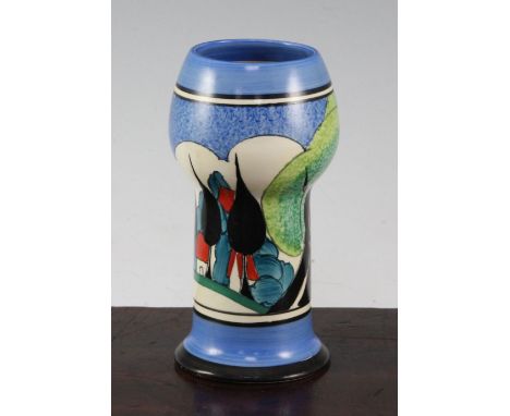 A rare Clarice Cliff 'May Avenue' pattern shape 268 vase, c.1933, with blue and black banded borders top and bottom, black pr