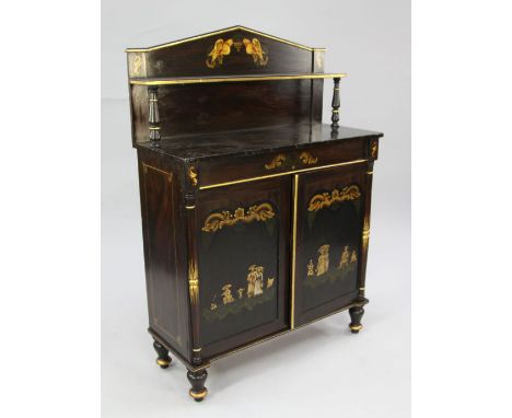 A 19th century painted chiffonier, with single shelf back and simulated marble top above two arched panelled doors, decorated