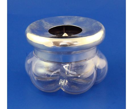 An Edwardian silver mounted glass lemon squeezer by Albert Barker Ltd, of circular form, with cusped glass body, London, 1902