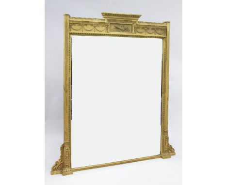 A Victorian giltwood and gesso rectangular overmantel mirror, the bell flower swag frieze with central flaming torch and arro